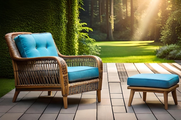 Una terraza con sillas y una pared verde con el sol brillando a través de los árboles.