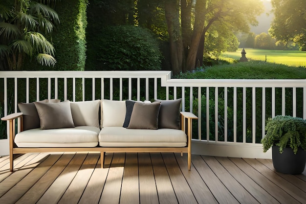 Una terraza con un sofá y vista a un campo de golf