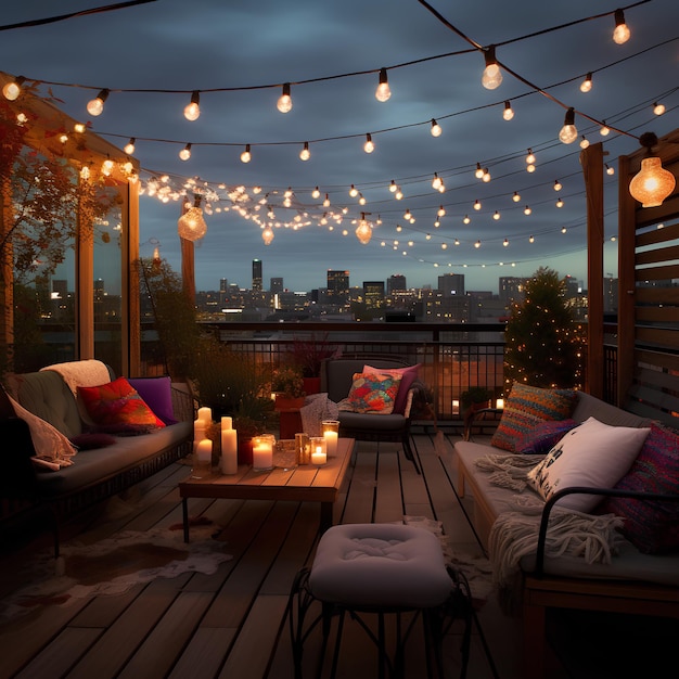 Una terraza en el techo adornada con coloridas luces de cuerda