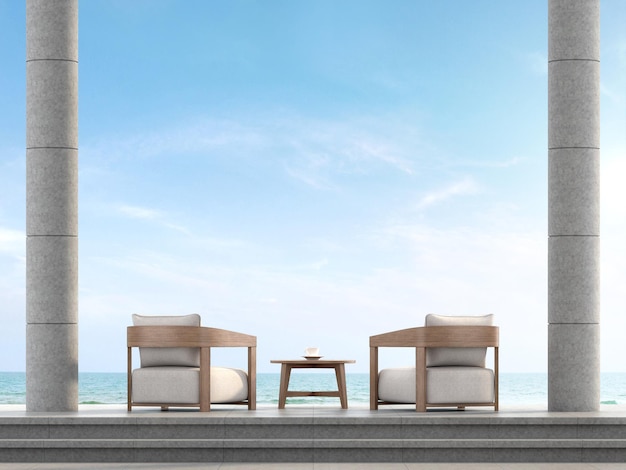 Terraza tipo loft con vista al mar 3d render amueblado con sillón de tela y vista al mar