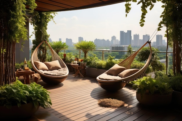 Terraza urbana elevada con exuberante vegetación, asientos contemporáneos y vista al horizonte que personifica lo moderno