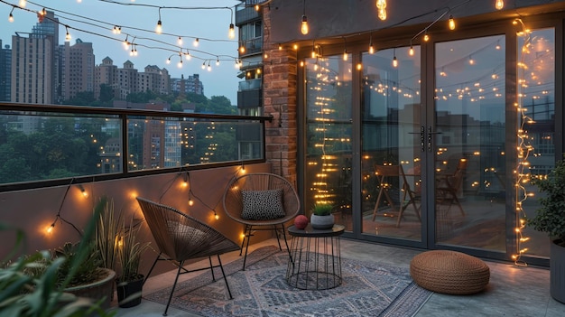 Esta terraza urbana invita a la relajación con sus acogedoras sillas iluminación festiva y un atractivo paisaje urbano como telón de fondo para el ocio nocturno