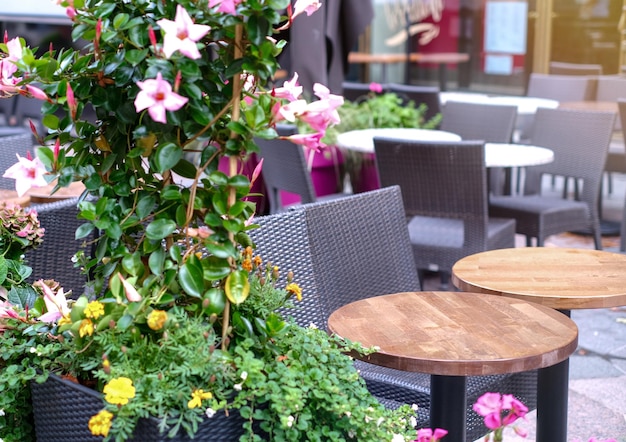 Terraza de verano del restaurante en una mesa de día despejada cerca del primer plano del restaurante