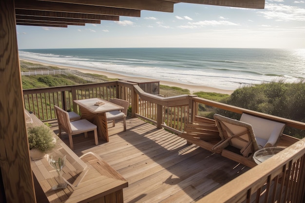 Una terraza con vista a la playa rodeada de olas