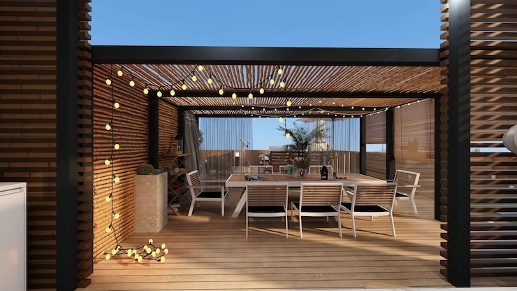 Foto terraza con zona chill out y jacuzzi con pergolas y plantas