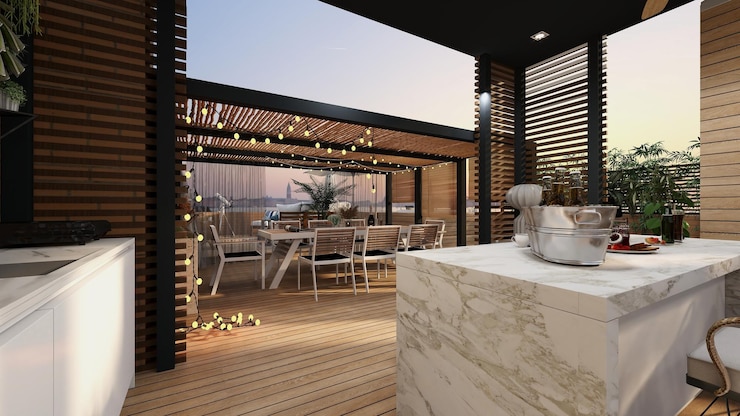 Foto terraza con zona chill out y jacuzzi con pergolas y plantas
