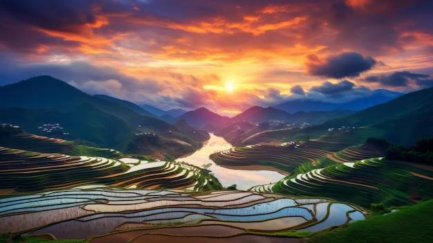 Las terrazas de arroz futuristas el majestuoso atardecer en Vietnam
