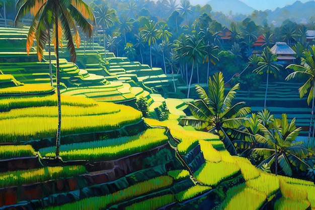 Terrazas de arroz en la ilustración de arte digital de Bali