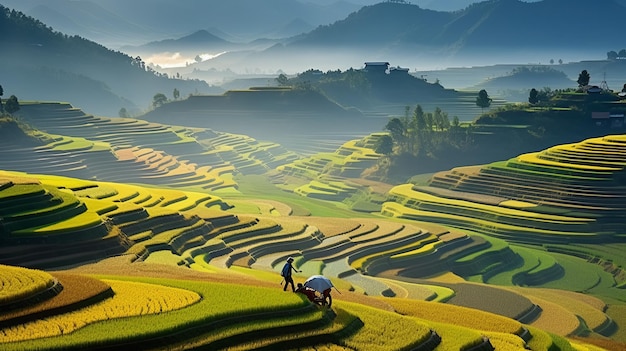 Terrazas de arroz vívidas del valle de Huandao Encantadoras escenas rurales en Vietnam