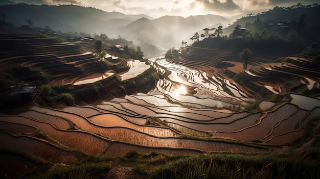 Terrazas de arroz de yuanyang en estilo chino Diseño fotorrealista Fondo de paisaje de montaña Fondo de naturaleza rural