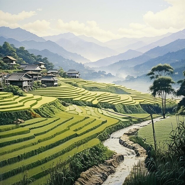 Foto terrazas de campos de arroz arroz asiático con casas de granja