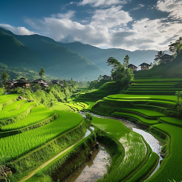 Foto terrazas de campos de arroz arroz asiático con casas de granja