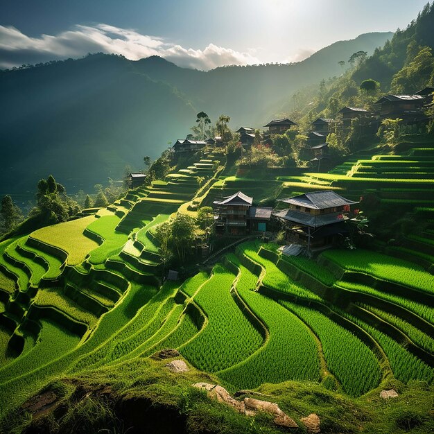 Foto terrazas de campos de arroz arroz asiático con casas de granja