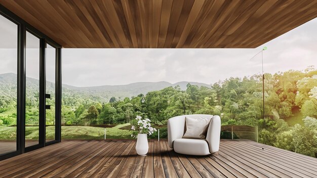 Terrazas de madera de estilo minimal con vistas a la naturaleza en 3D Ther tiene pisos de madera oscura decorados con