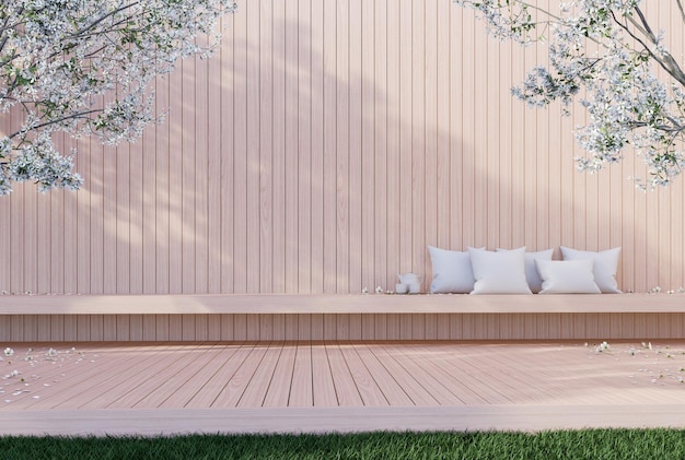 Terrazas de madera ligera contemporánea con banco largo en árbol de flores de flores blancas 3d con pared de tabla vacía para el espacio de copia