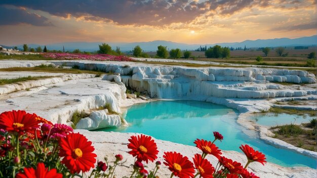 Foto terrazas de travertino con flores rojas en el frente