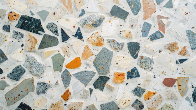 Terrazzo-Boden-Textur in Top-View Neuer und sauberer Zustand für Textur und Hintergrund Terrazzoschicht besteht aus Marmorglas- und anderen Materialien, die in Zement eingebettet und dann geschliffen werden