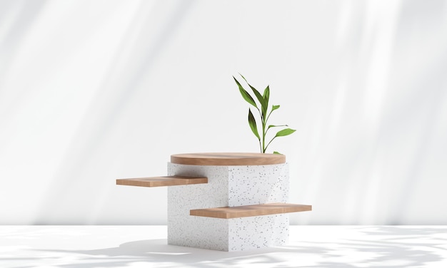 Terrazzo-Marmor-Podium mit abgerundetem Holz auf dem Hintergrund für die Produktpräsentation Natürliche Schönheit Sockel Entspannung und Gesundheit 3D-Illustration