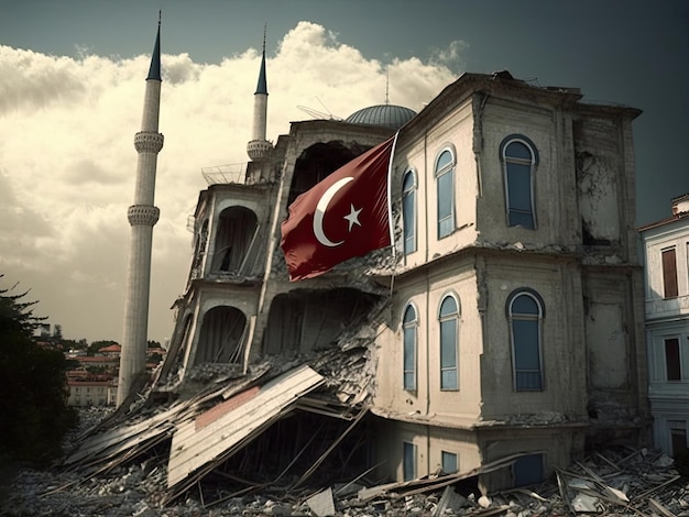 Terremoto arruinó edificios con bandera nacional de Turquía en ruinas escombros y escombros de edificios