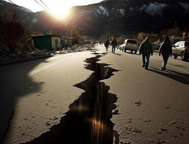 Terremoto rachou a rua da estrada na cidade danificou a superfície da estrada após a área residencial de atividade sísmica