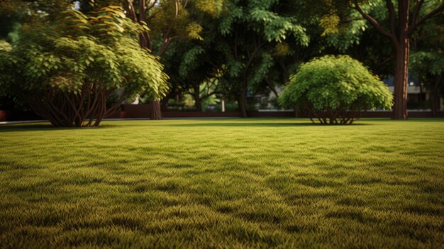 Terreno de grama com grama verde e árvores