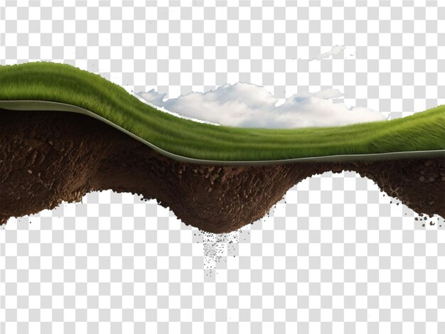 Foto terreno flotante con superficie de hierba verde y sección de suelo con textura de hierba voladora aislada