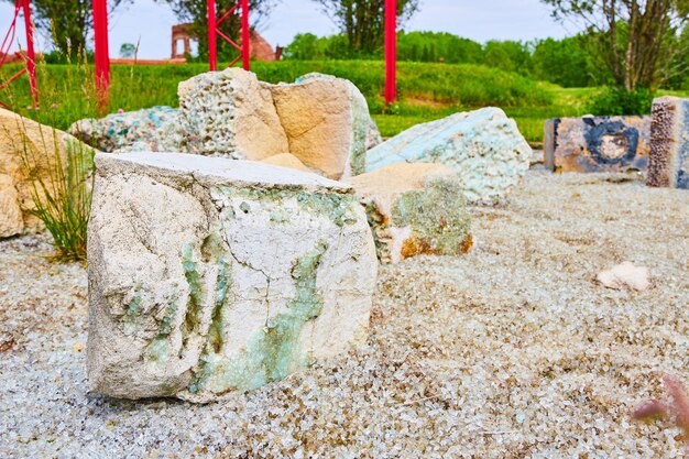 Terreno de vidrio claro con geodes como bloques de hormigón de la fábrica destruida en el Parque de la Fundación Ariel