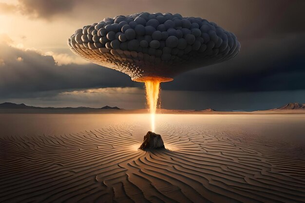 Terrible explosión de una bomba nuclear con un hongo en el desierto
