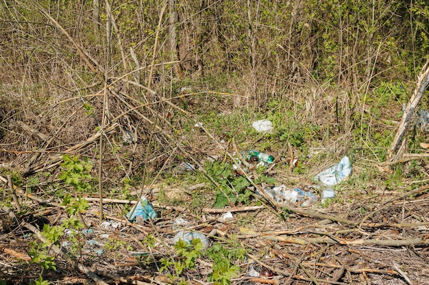 Foto terrible vertedero en el bosque concepto de contaminación antropogénica de los bosques y la naturaleza hay mucha basura en el bosque