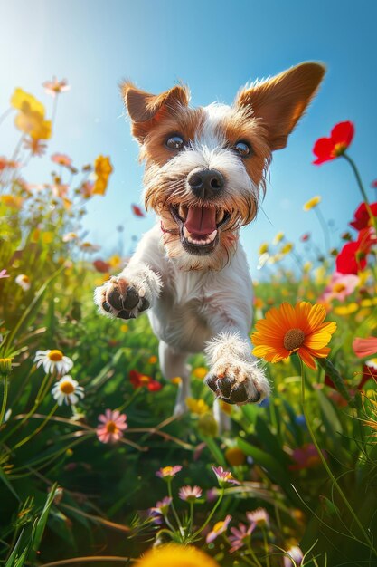 Terrier alegre pulando brincalhão entre flores silvestres