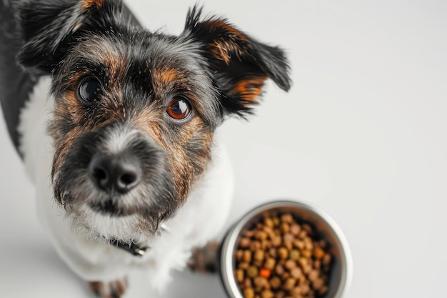 Terrier curioso ao lado de comida de cachorro BowlxA