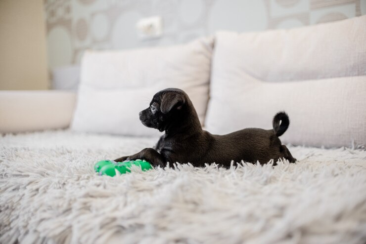 Terrier de brinquedo preto do cachorrinho sentado em um sofá e jogando