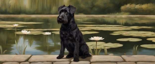 Terrier preto retrato de cão de água na natureza estilo de pintura ilustração generativa ai