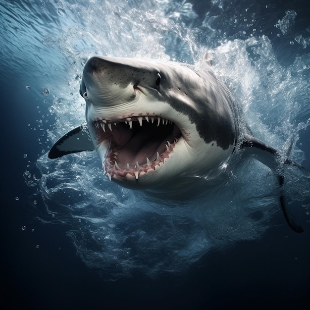terrível grande tubarão branco em atitude de ataque