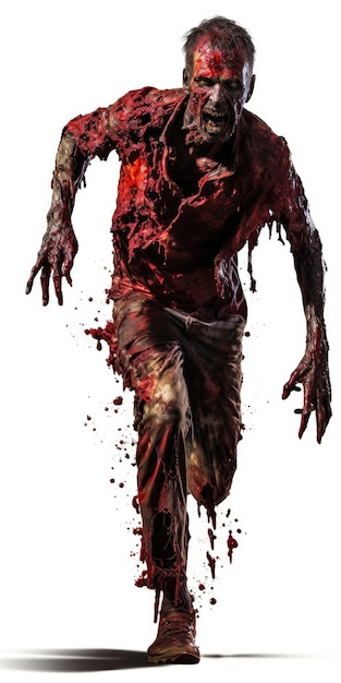 Terror desencadeado Zombie sangrento carregando em direção ao espectador em fundo branco