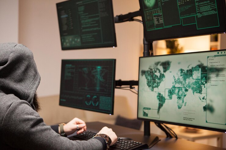 Foto terrorista internacional que crea un malware agresivo y peligroso en una computadora con múltiples pantallas.