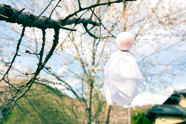 Teru Teru Bozu. Muñeca de lluvia japonesa colgada del árbol de Sakura para orar por el buen tiempo
