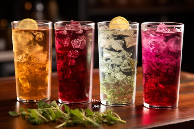Foto tés de ervas refrigerados de diferentes tonalidades em copos transparentes