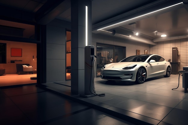 Un Tesla dentro de un garaje moderno por la noche