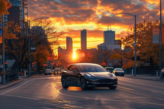 Foto el tesla model 3 gris conduciendo al atardecer en toronto