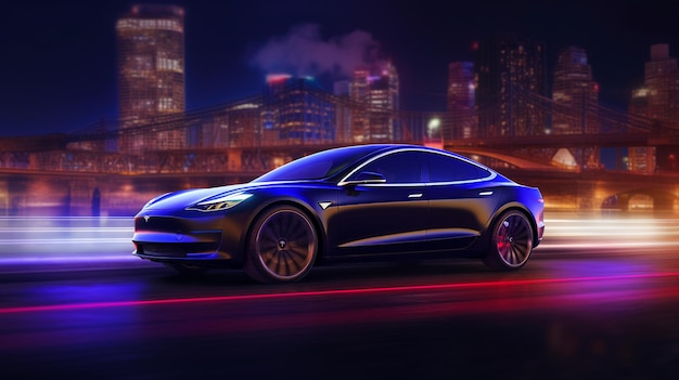 Tesla modelo 3 está en el camino por la noche