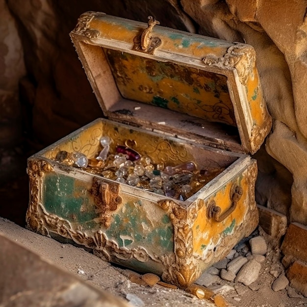 Tesoro antiguo cofre retro con joyas de oro y monedas en una vieja pared suerte riqueza único encontrar
