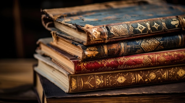 Tesoro literario antiguo Una vista de arriba hacia abajo de una pila de libros árabes antiguos abiertos que muestran el rico patrimonio de manuscritos históricos y conocimientos culturales