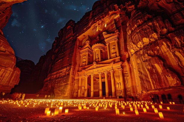 Foto el tesoro de petras iluminado por velas crea una atmósfera mágica contra el telón de fondo rocoso