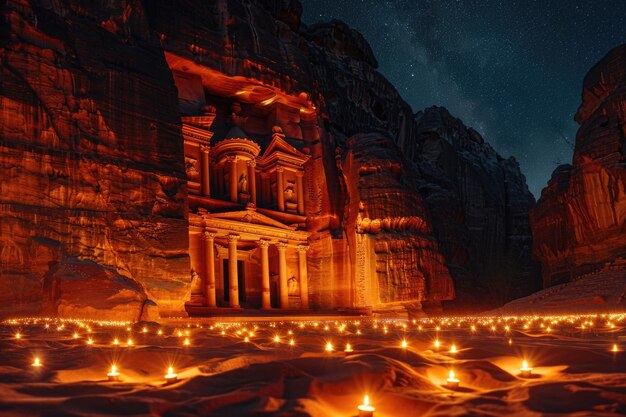 Foto el tesoro de petras iluminado por velas crea una atmósfera mágica contra el telón de fondo rocoso
