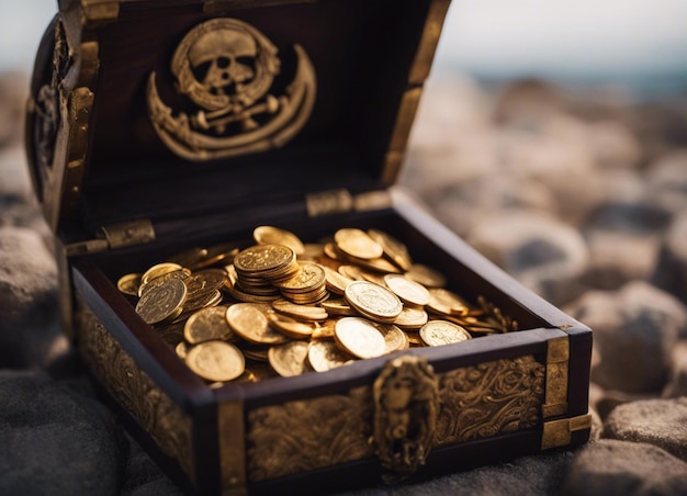 Foto un tesoro pirata con monedas de oro