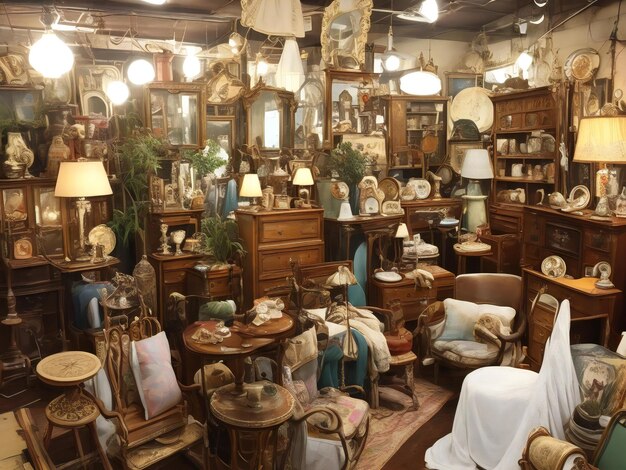 Foto tesoros antiguos piérdete en un mercado de pulgas antiguo lleno de muebles antiguos generados por ai