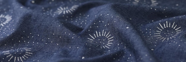 Tesouro azul e branco ondulado com imagem de sol de perto de tecido azul com ornamento de sol branco