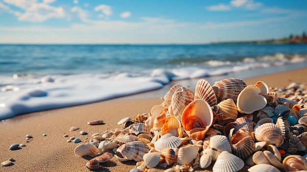 Tesouros de conchas de mar Praia de areia e ondas do oceano com conchas e conchas