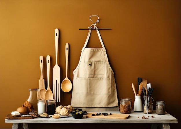 Foto tesouros de cozinha de fundo culinário e avental na bancada da cozinha com espaço em branco para qualquer receita ou texto de menu criado com tecnologia de ia generativa